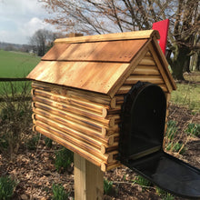 Load image into Gallery viewer, Log Cabin Mailbox with Cedar Shake Roof and Stone Chimney | Metal Mailbox Insert | CL1001