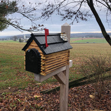 Load image into Gallery viewer, Wood Mailbox with Cedar Shake Roof and Stone Chimney | Log Cabin | Metal Mailbox Insert | CL1001