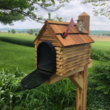 Load image into Gallery viewer, Log Cabin Mailbox with Cedar Shake Roof and Stone Chimney | Metal Mailbox Insert | CL1001