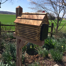 Load image into Gallery viewer, Log Cabin Mailbox with Cedar Shake Roof and Stone Chimney | Metal Mailbox Insert | CL1001