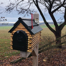Load image into Gallery viewer, Wood Mailbox with Cedar Shake Roof and Stone Chimney | Log Cabin | Metal Mailbox Insert | CL1001