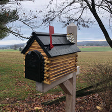 Load image into Gallery viewer, Log Cabin Mailbox with Cedar Shake Roof and Stone Chimney | Metal Mailbox Insert | CL1001