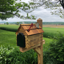 Load image into Gallery viewer, Log Cabin Mailbox with Cedar Shake Roof and Stone Chimney | Metal Mailbox Insert | CL1001