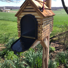 Load image into Gallery viewer, Log Cabin Mailbox with Cedar Shake Roof and Stone Chimney | Metal Mailbox Insert | CL1001