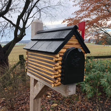 Load image into Gallery viewer, Wood Mailbox with Cedar Shake Roof and Stone Chimney | Log Cabin | Metal Mailbox Insert | CL1001