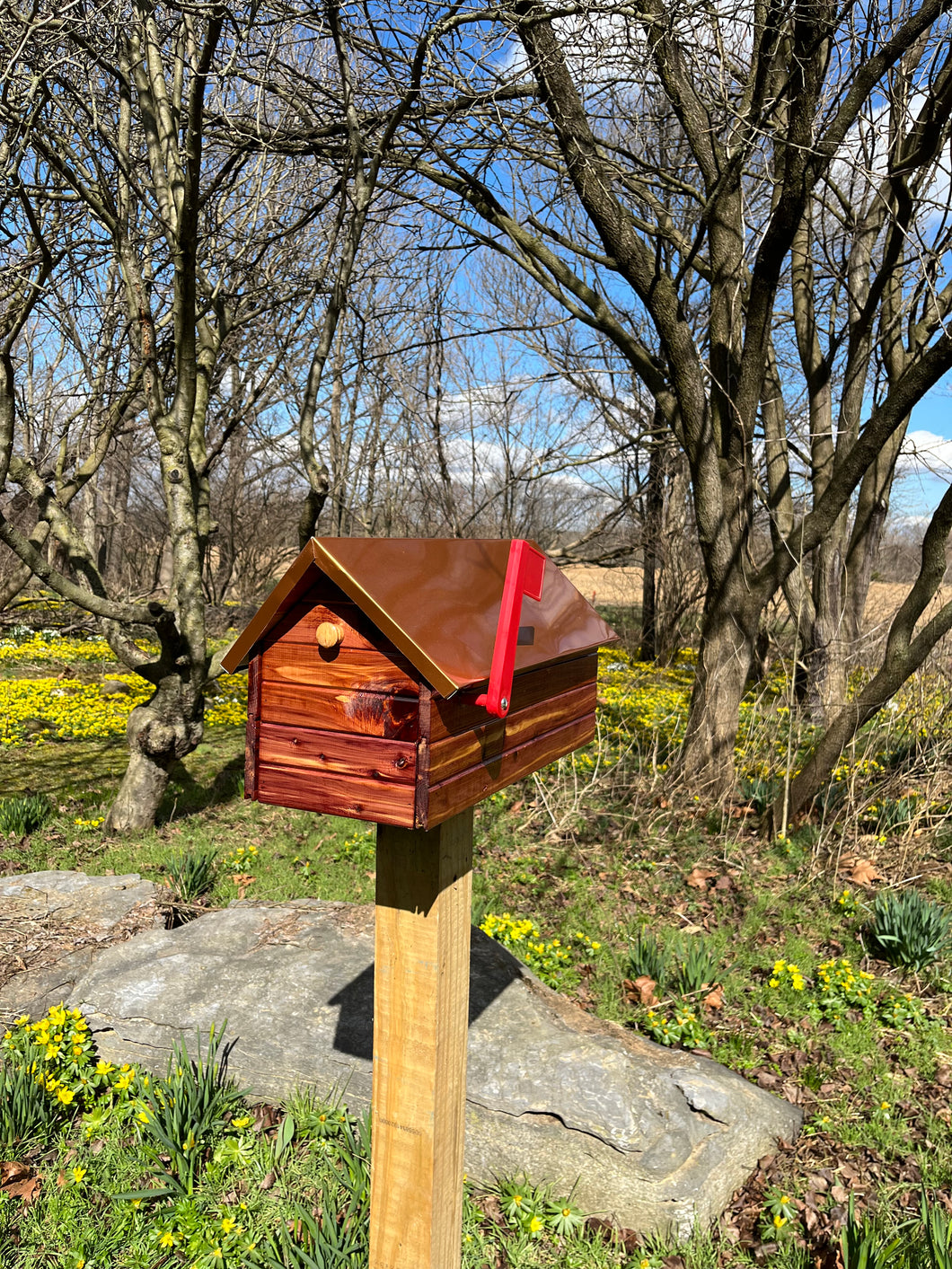 Varnished Cedar Log Cabin Mailbox with Copper Sheeting Roof | Metal Box Insert | Aromatic Red Cedar | Cedar Chalet | SB010