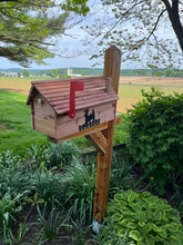 Load image into Gallery viewer, The Stone Bridge Cedar Mailbox with Deer or Bear  Silhouette | Simple and Beautiful Cedar Log Cabin Mailbox  | Cedar Chalet Mailbox | Metal Box Insert | SB005Deer