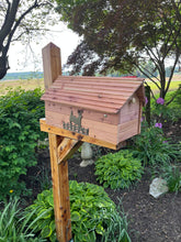 Load image into Gallery viewer, The Stone Bridge Cedar Mailbox with Deer or Bear  Silhouette | Simple and Beautiful Cedar Log Cabin Mailbox  | Cedar Chalet Mailbox | Metal Box Insert | SB005Deer
