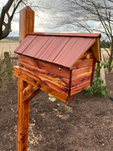 Load image into Gallery viewer, Varnished Cedar Log Cabin Mailbox with Beautiful Vinyl Shake Roof | Metal Box Insert | Aromatic Red Cedar | Cedar Chalet | SB020