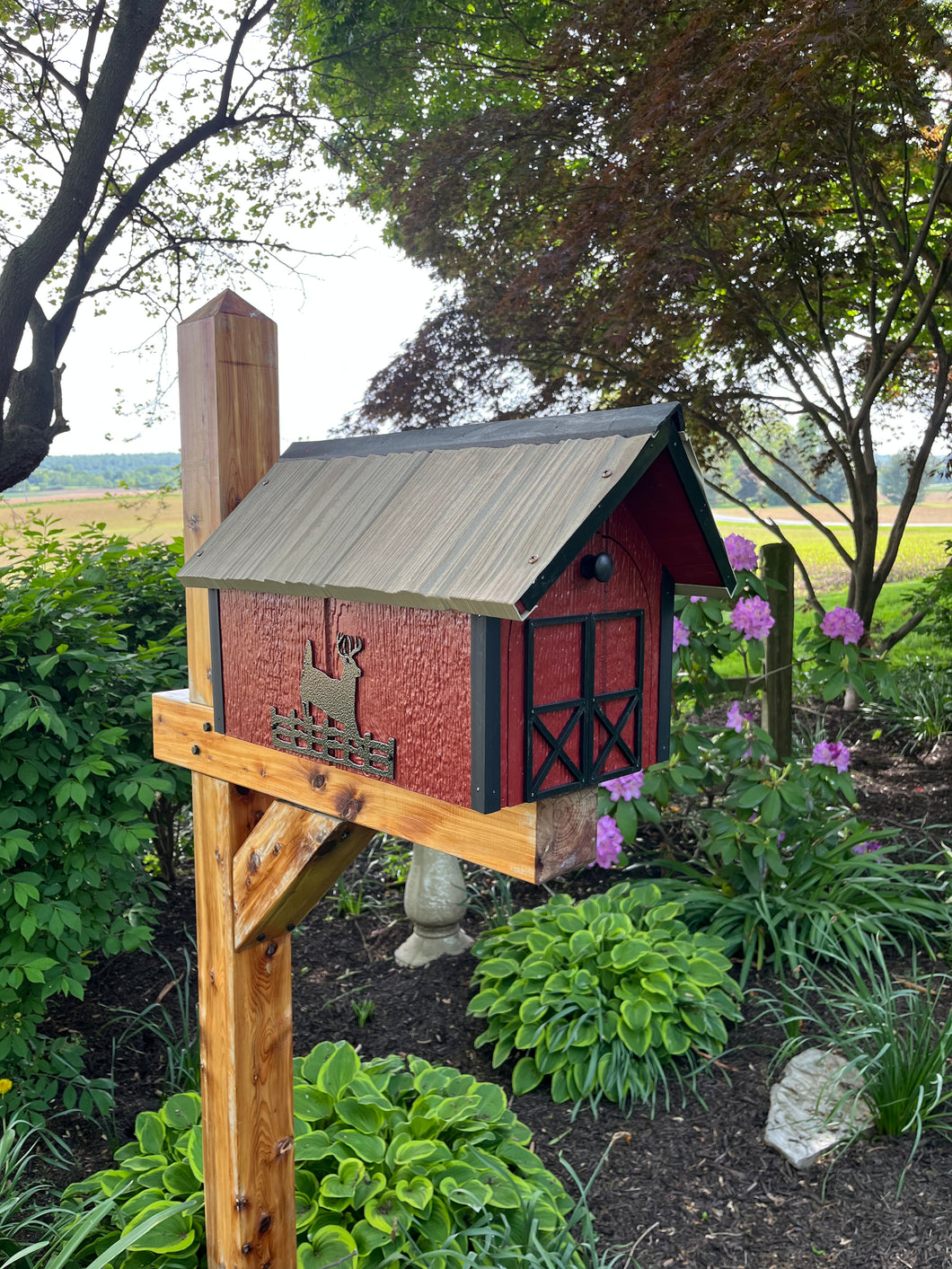 Beautiful Wooden Mailbox with Deer Silhouette and a Durable Vinyl Shake Roof | Amish Made | Unique Mailbox | SB201Deer