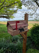 Load image into Gallery viewer, The Stone Bridge Cedar Mailbox with Deer or Bear  Silhouette | Simple and Beautiful Cedar Log Cabin Mailbox  | Cedar Chalet Mailbox | Metal Box Insert | SB005Deer