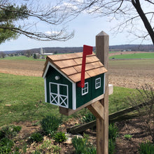 Load image into Gallery viewer, Wooden Amish Barn Mailbox | Cedar Roof | Unique Rustic Outdoor Decor | K1000