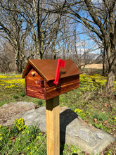 Load image into Gallery viewer, Varnished Cedar Log Cabin Mailbox with Copper Sheeting Roof | Metal Box Insert | Aromatic Red Cedar | Cedar Chalet | SB010