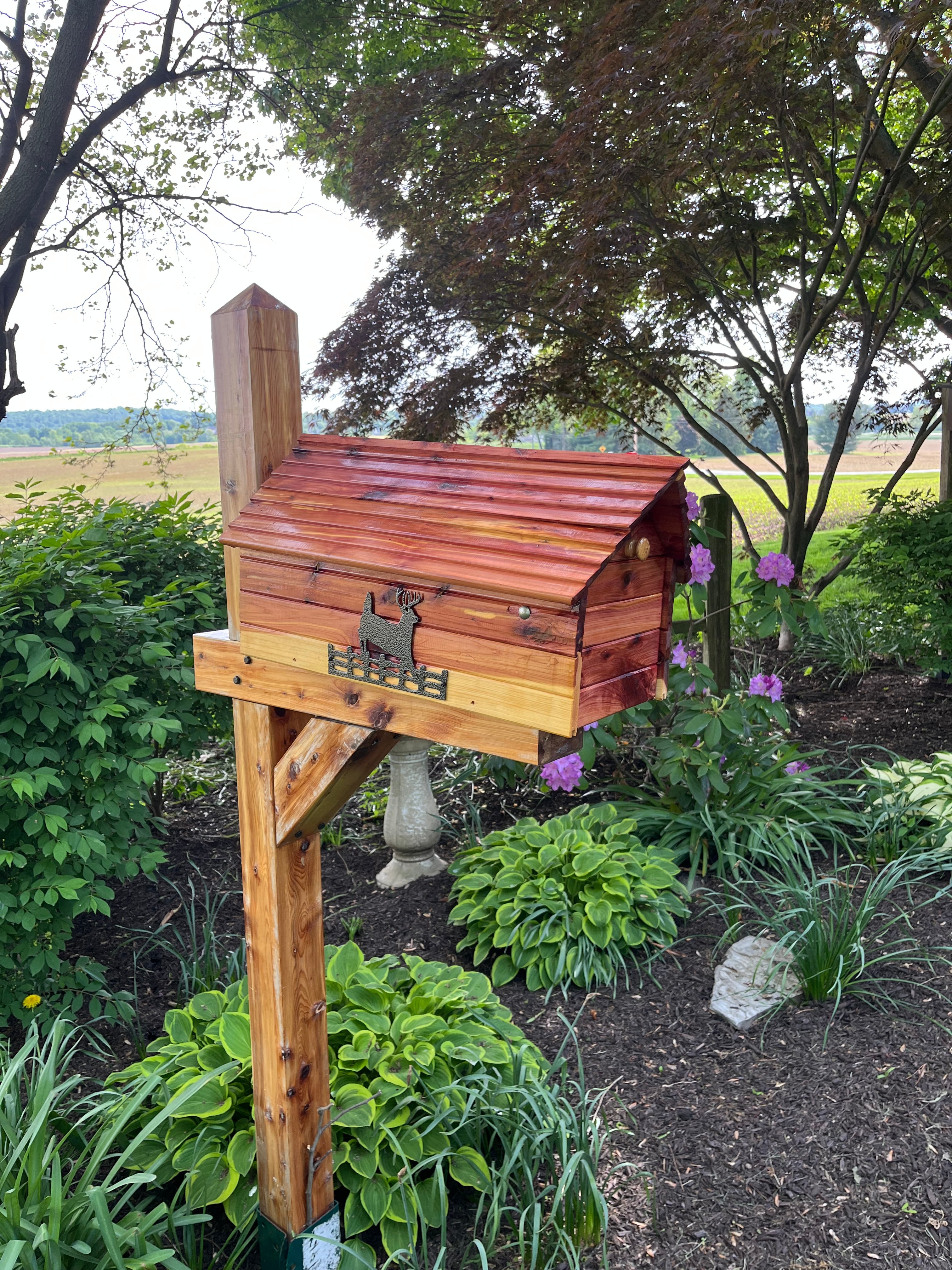 The Stone Bridge Cedar Mailbox with Deer or Bear Silhouette | Simple and Beautiful Cedar Log Cabin Mailbox | Cedar Chalet Mailbox | Metal Box Insert | SB005Sil