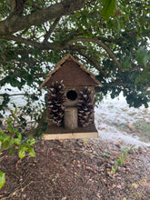 Load image into Gallery viewer, Rustic Wooden Cabin Birdhouse with Pinecone Accents