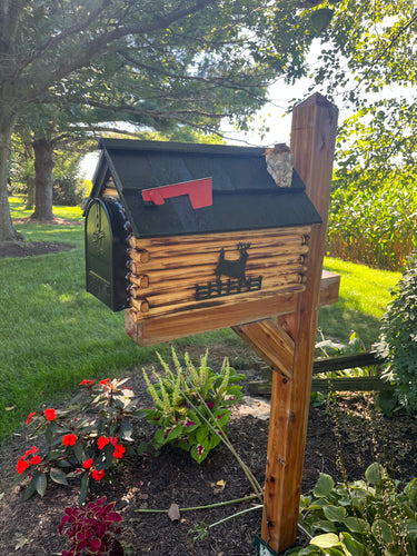 Rustic Log Cabin Wooden Mailbox | Bear or Deer Silhouette | Cedar Shake Roof & Stone Chimney – Woodland Silhouettes Collection | CL1001Sil