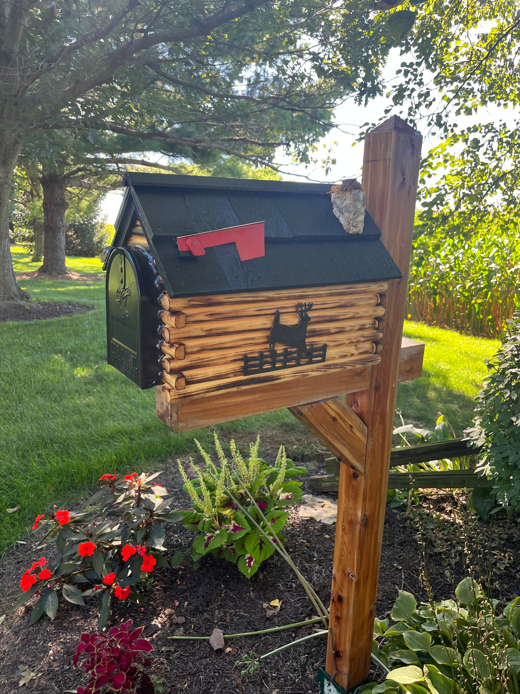 Rustic Log Cabin Wooden Mailbox | Bear or Deer Silhouette | Cedar Shake Roof & Stone Chimney – Woodland Silhouettes Collection | CL1001Sil