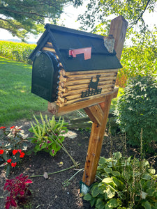 Rustic Log Cabin Wooden Mailbox | Bear or Deer Silhouette | Cedar Shake Roof & Stone Chimney – Woodland Silhouettes Collection | CL1001Sil