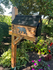 Rustic Log Cabin Wooden Mailbox | Bear or Deer Silhouette | Cedar Shake Roof & Stone Chimney – Woodland Silhouettes Collection | CL1001Sil