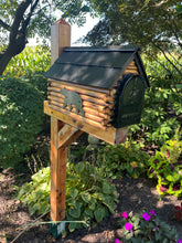 Load image into Gallery viewer, Rustic Log Cabin Wooden Mailbox | Bear or Deer Silhouette | Cedar Shake Roof &amp; Stone Chimney – Woodland Silhouettes Collection | CL1001Sil