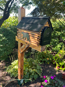Rustic Log Cabin Wooden Mailbox | Bear or Deer Silhouette | Cedar Shake Roof & Stone Chimney – Woodland Silhouettes Collection | CL1001Sil