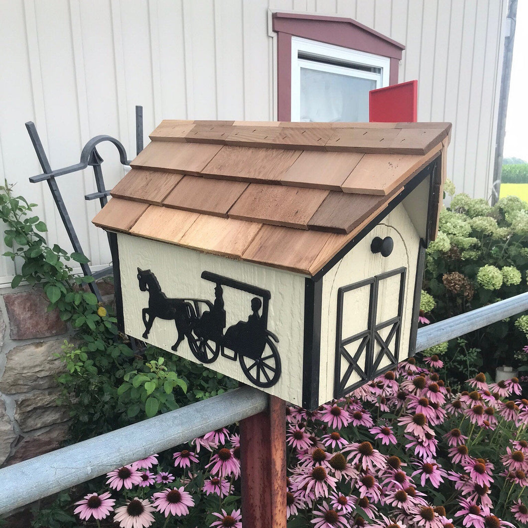 Amish Mailbox with Horse and Buggy with Cedar Roof | Amish Made | K0004