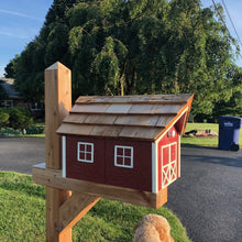 Load image into Gallery viewer, Wooden Amish Barn Mailbox | Cedar Roof | Unique Rustic Outdoor Decor | K1000