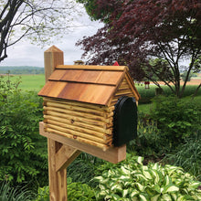 Load image into Gallery viewer, Log Cabin Mailbox with Cedar Shake Roof and Stone Chimney | Metal Mailbox Insert | CL1001