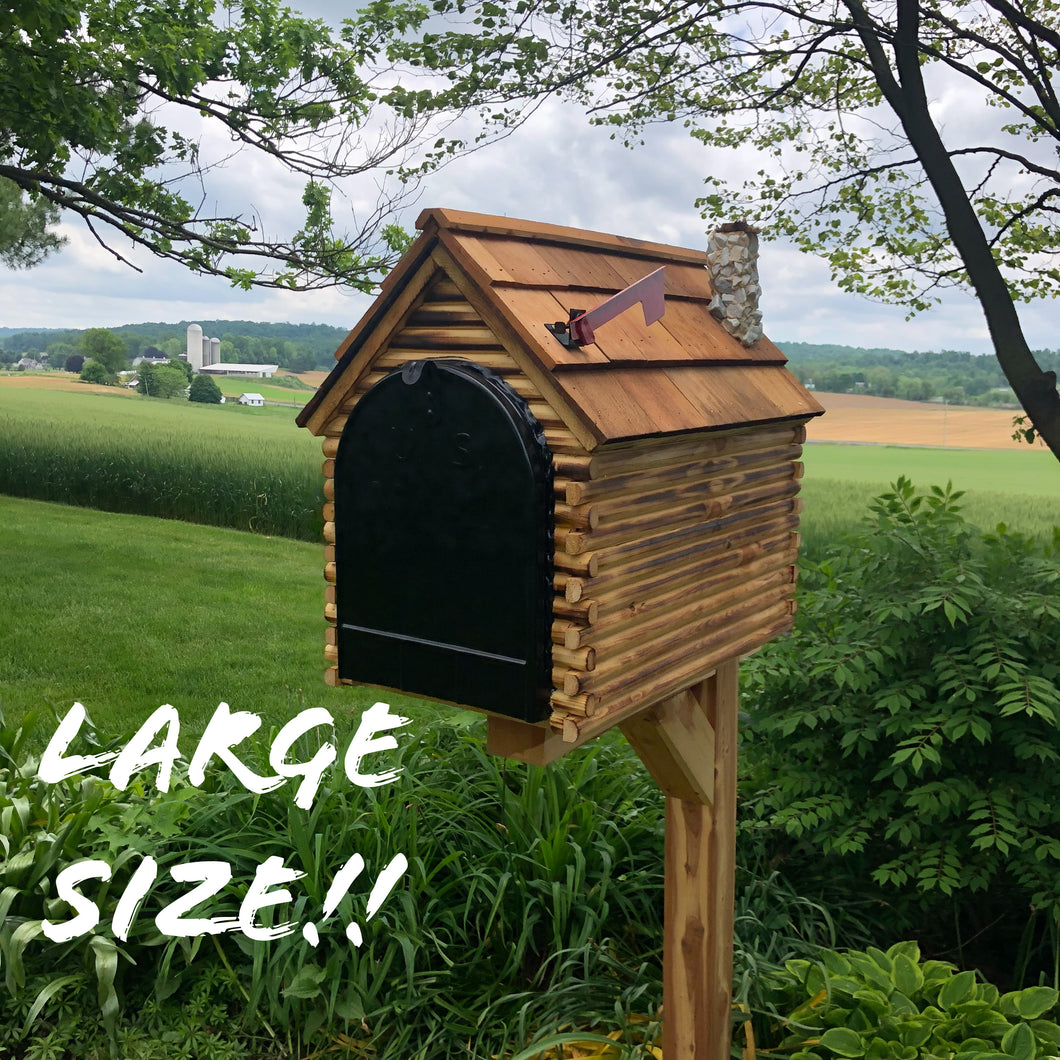 Over-Sized Log Cabin Mailbox with Stone Chimney | Metal Box | Hand Crafted by Amish Wood Workers