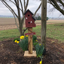 Load image into Gallery viewer, Birdhouse Welcome Sign | Red Birdhouse | Garden Décor from Reclaimed Materials | SMBHP3