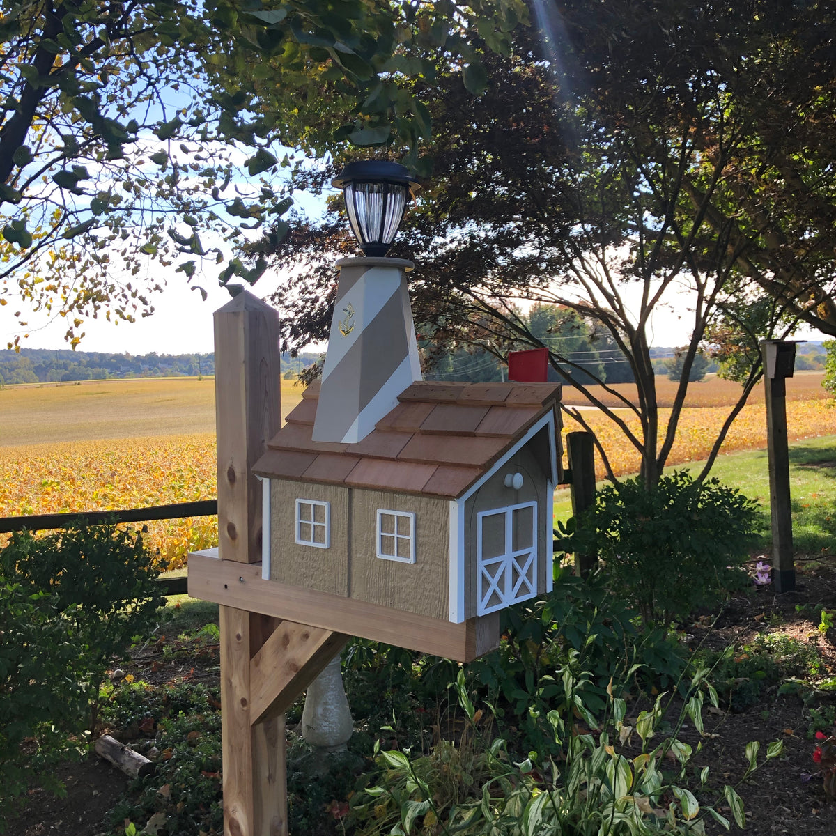 Wooden Mailbox with Solar Lighthouse | K0009 – Stone Bridge Collections