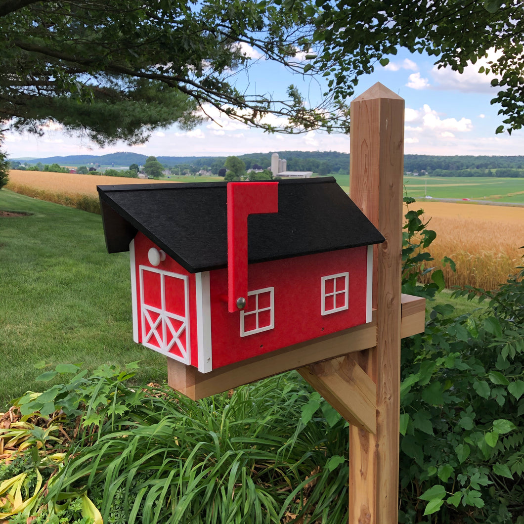 Durable Poly Lumber Barn Style Mailbox | Red Box with White Trim and Black Roof | E250